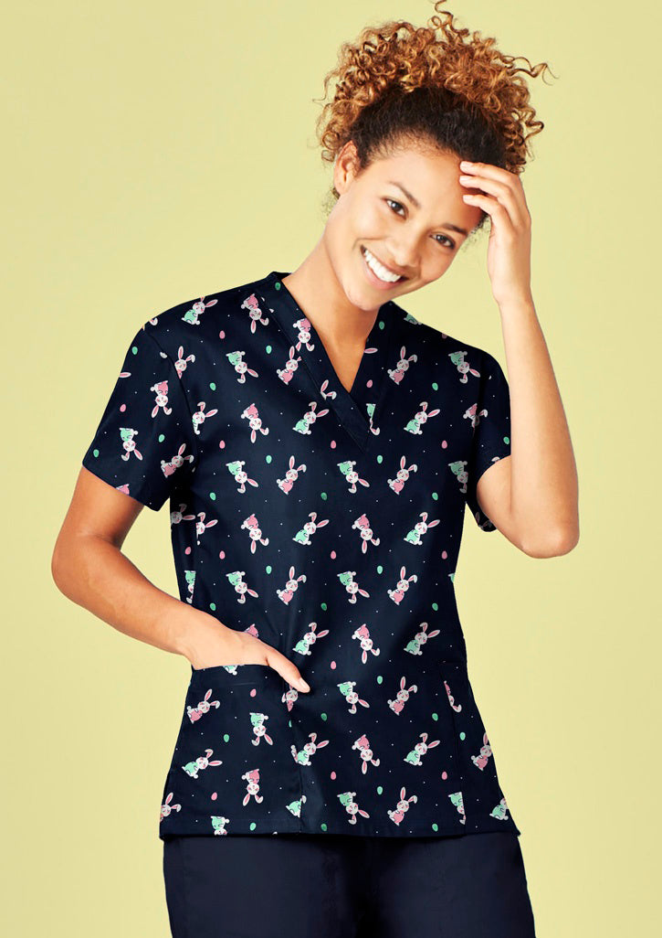 BIZ COLLECTION Easter Womens V-Neck Short Sleeve Scrub Top CST152LS