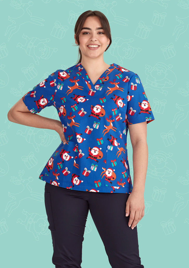 BIZ COLLECTION Womens Christmas V-Neck Short Sleeve Scrub Top CST346LS