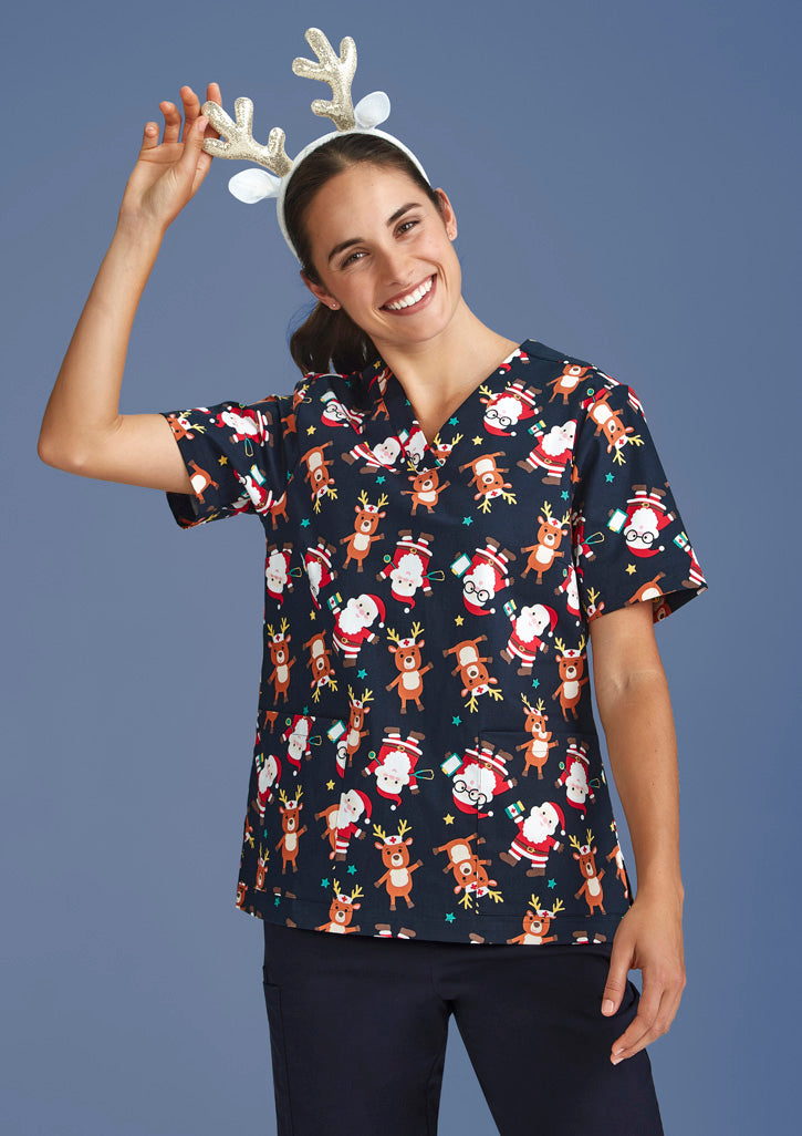 BIZ COLLECTION Womens Christmas Short Sleeve V-neck Scrub (Cotton) CST446LS