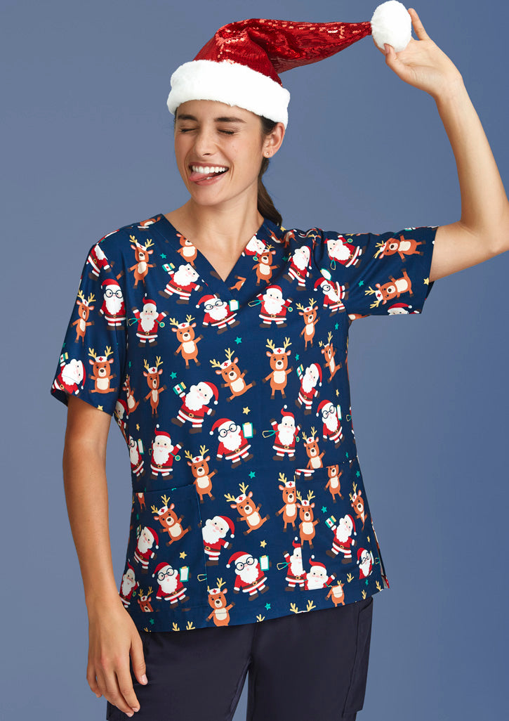 BIZ COLLECTION Womens Christmas Short Sleeve V-neck Scrub (Poly Stretch) CST447LS