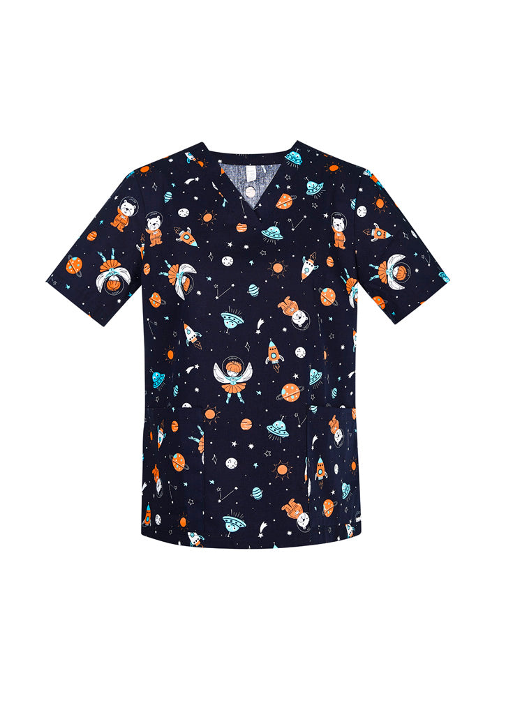 BIZ CARE Womens Printed Space Party Scrub Top CST148LS Clearance