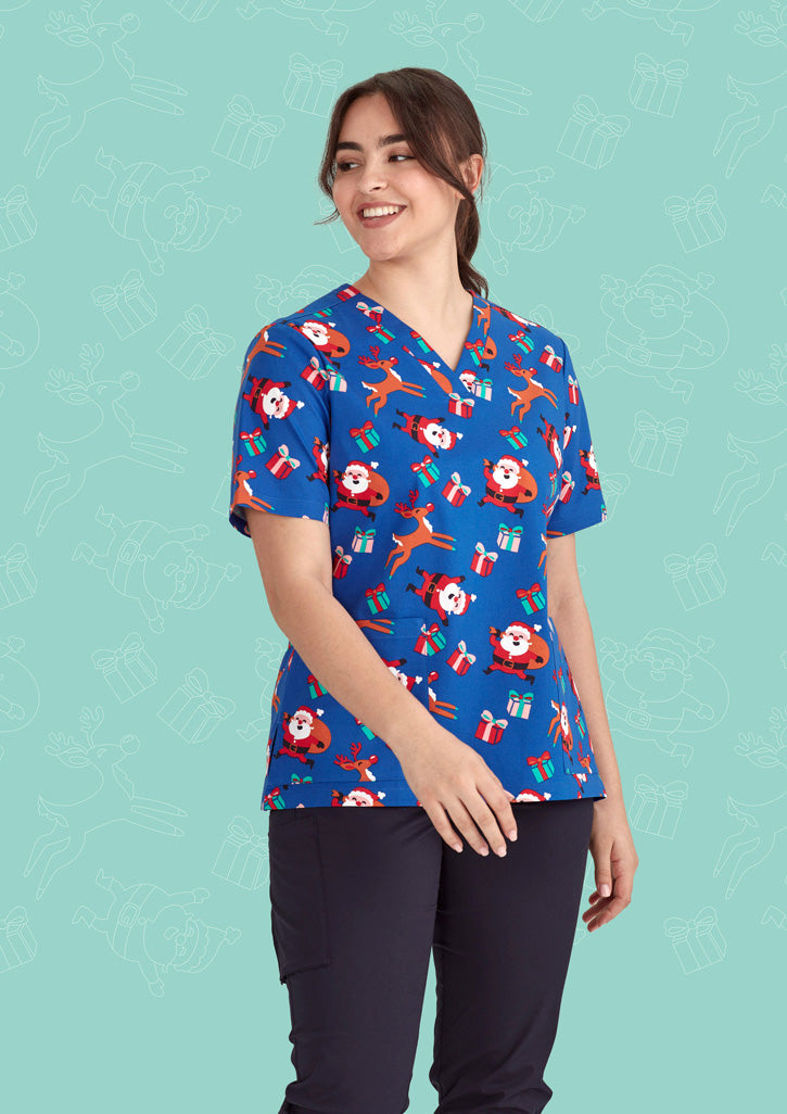 BIZ CARE Womens Christmas V-Neck Short Sleeve Scrub Top CST346LS