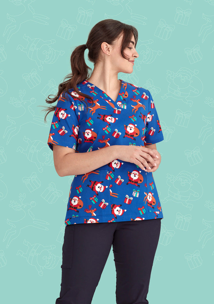BIZ CARE Womens Christmas V-Neck Short Sleeve Scrub Top CST346LS