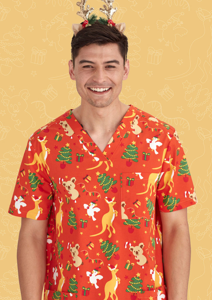 BIZ CARE Mens Christmas V-Neck Short Sleeve Scrub Top CST346MS