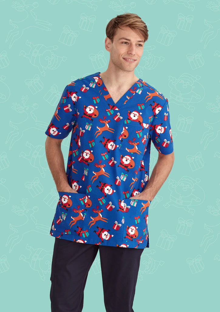 BIZ CARE Mens Christmas V-Neck Short Sleeve Scrub Top CST346MS