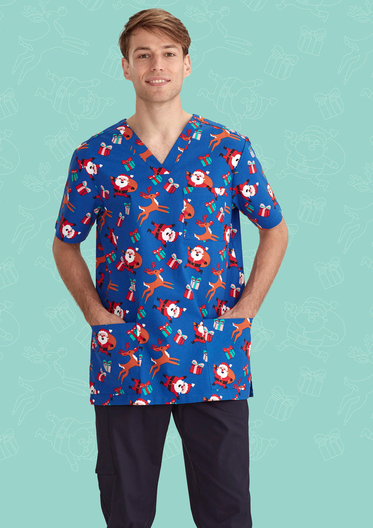 BIZ CARE Mens Christmas V-Neck Short Sleeve Scrub Top CST346MS
