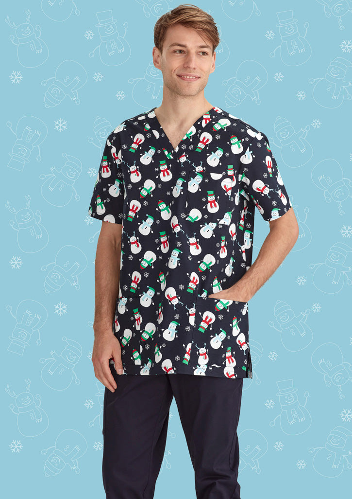 BIZ CARE Mens Christmas V-Neck Short Sleeve Scrub Top CST346MS