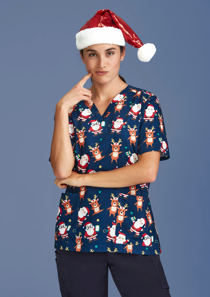 BIZ CARE Womens Christmas Short Sleeve V-neck Scrub (Poly Stretch) CST447LS